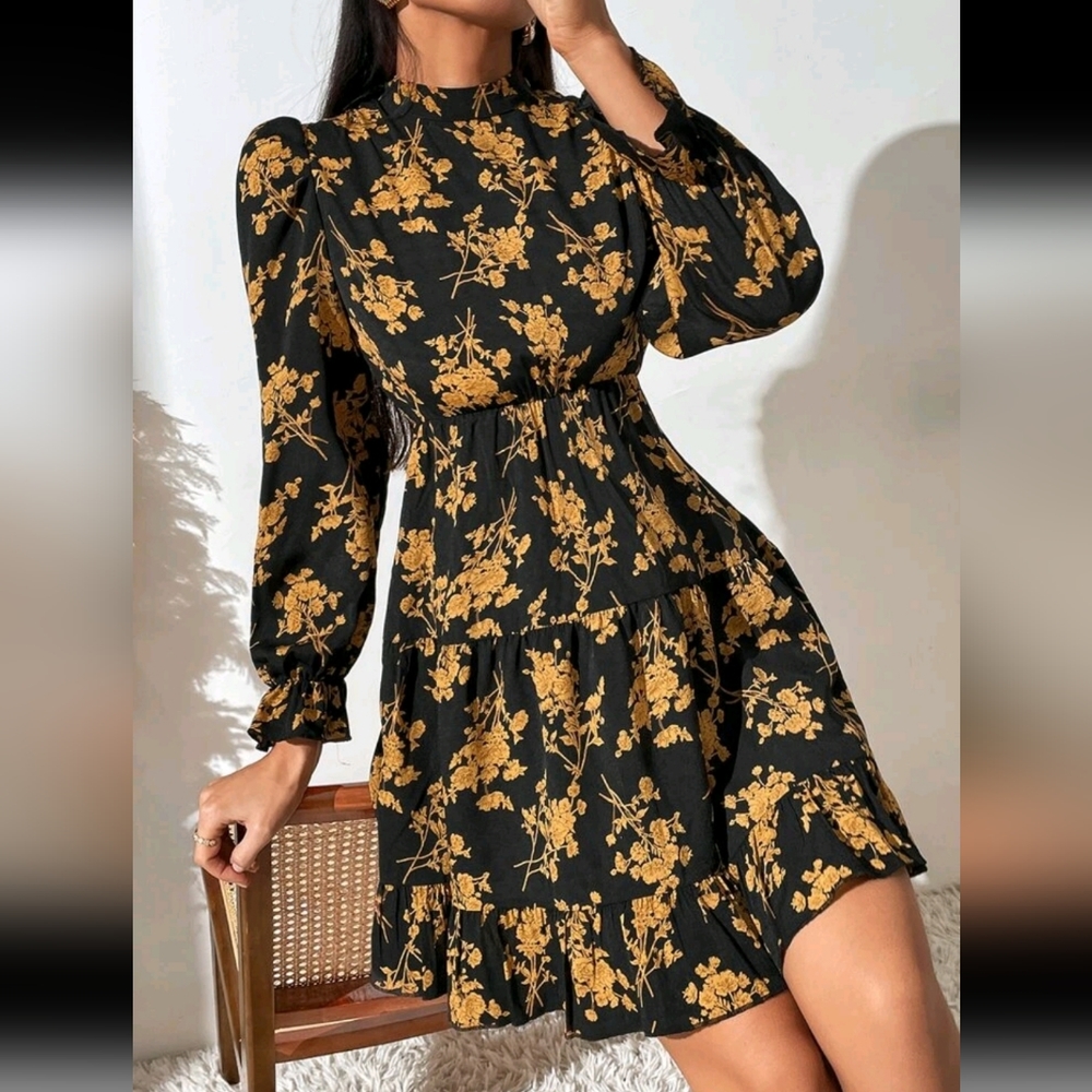 Floral Print Mock Neck Flounce Sleeve Ruffle Hem Dress